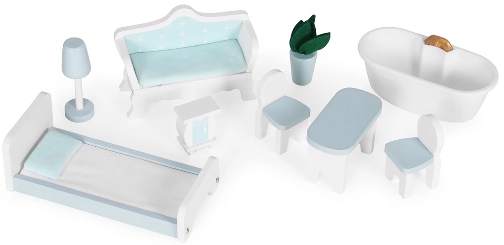 Domček pre bábiky, 3 poschodia, 4 izby, sada 9 kusov nábytku, ECOTOYS