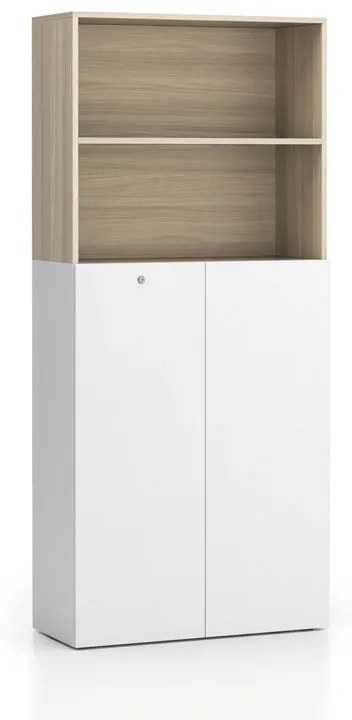 Kancelárska policová skriňa 2-dverová SEGMENT, uzamykateľná, 4 police, 840 x 370 x 1880 mm, biela / dub prírodný