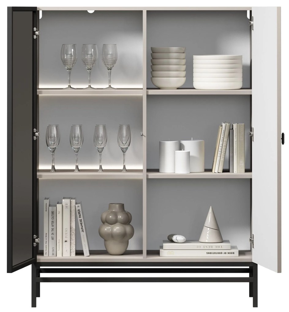 Vitrína Lorini 100 cm dvojdverová na podstavci - kašmír / čierna T-bar úchytka / podstavec