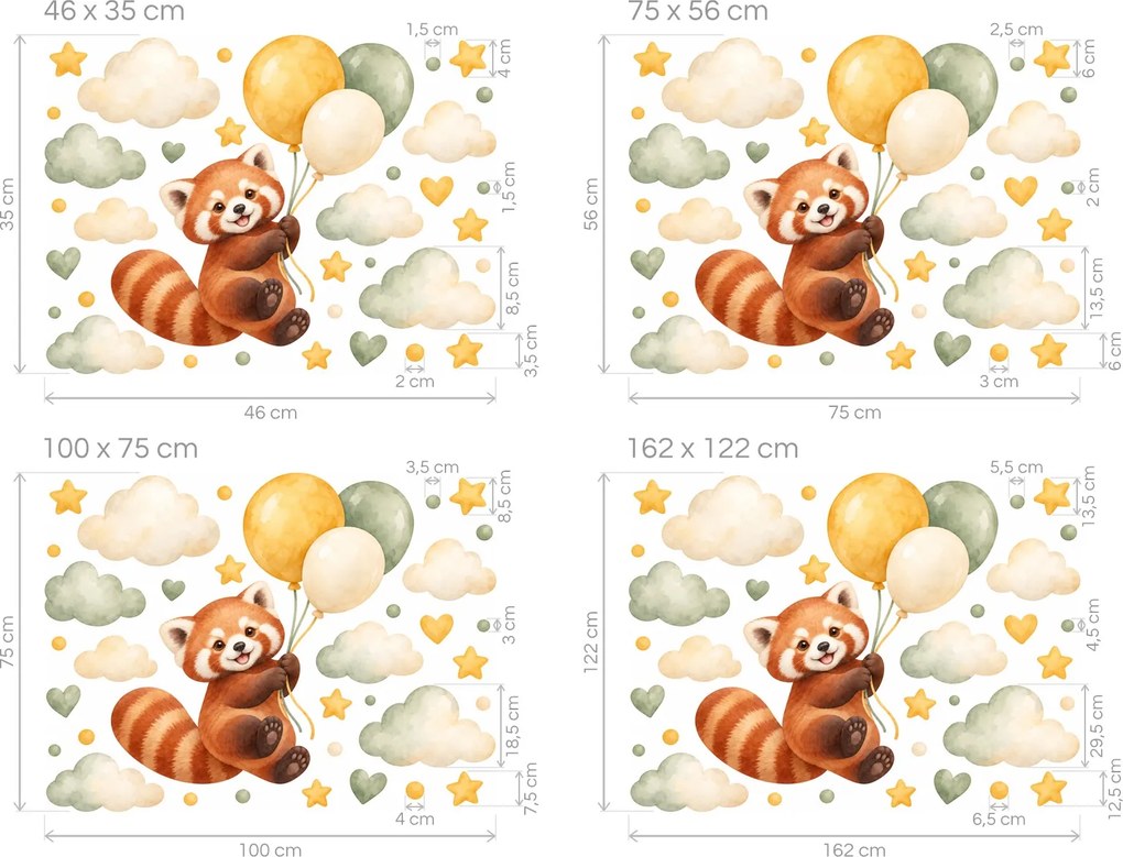 Panda červená s balónikmi horčicové a šalviové akvarelové nálepky na stenu pre deti arch 46 x 35 cm