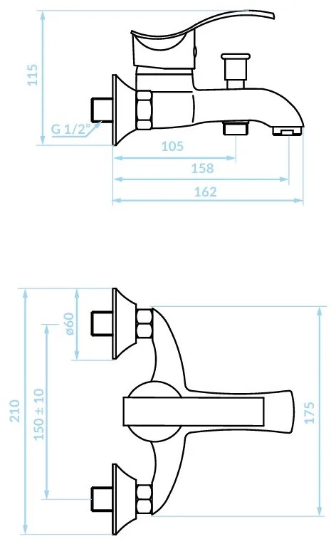 Kuchinox Argo, nástenná vaňová batéria 150mm, chrómová, LAV-BKA_010D