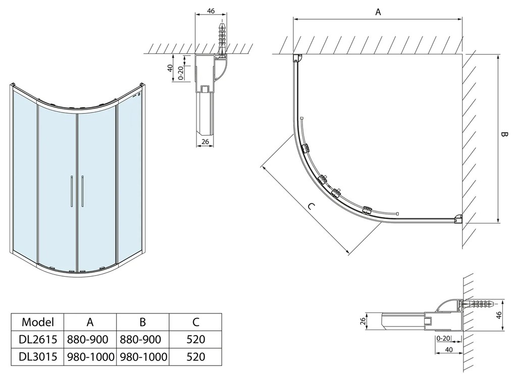Polysan Polysan, LUCIS LINE štvrťkruhová sprchová zástena, 1000x1000mm, R550, číre sklo, DL3015