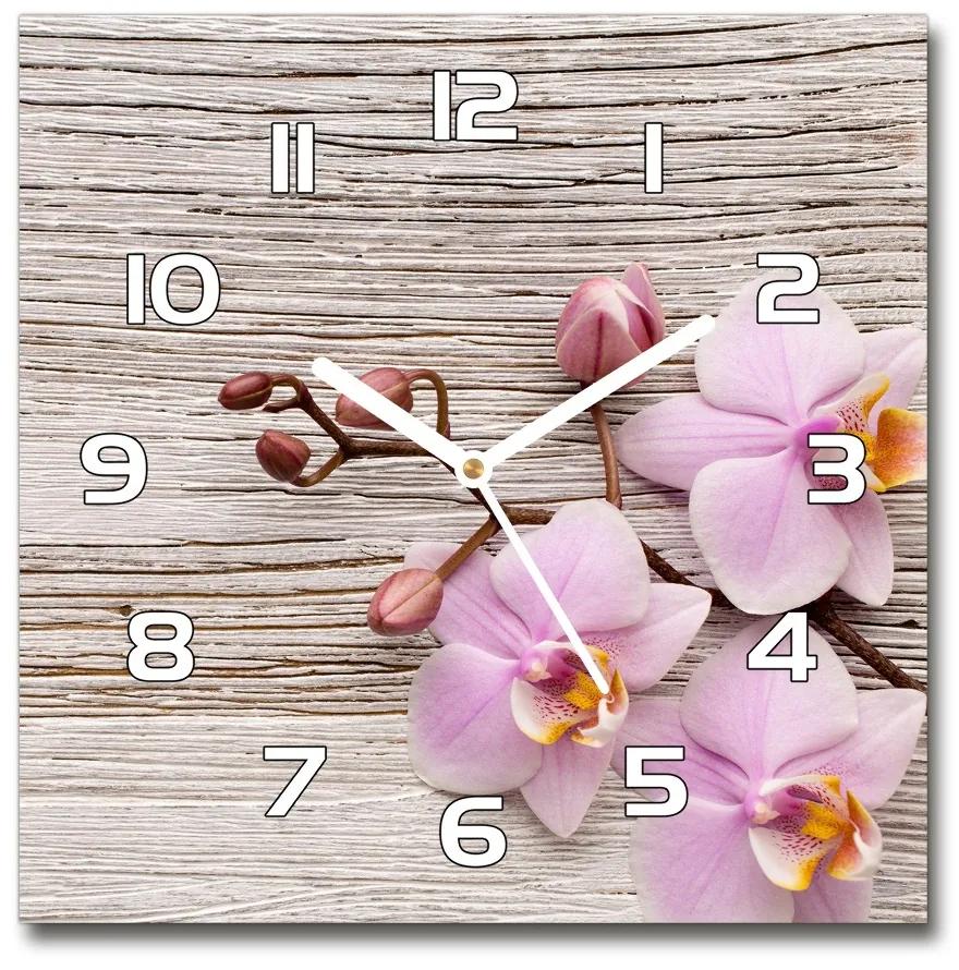 Sklenené hodiny štvorec Orchidea na dreve pl_zsk_30x30_f_62495656