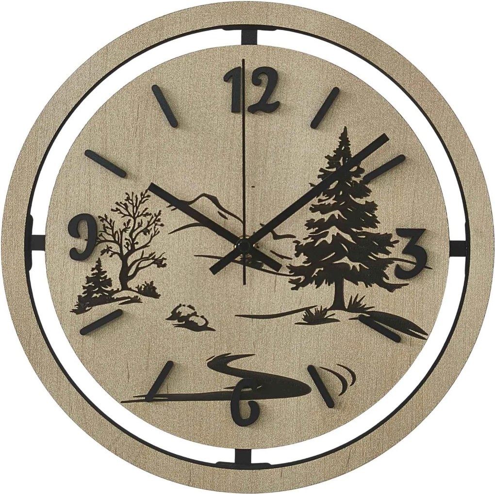 Nástenné hodiny Lesná krajina gravírované | PUPOU: HDF - Javor 30 cm 4795-115320 HDF0607-čiene-ruky