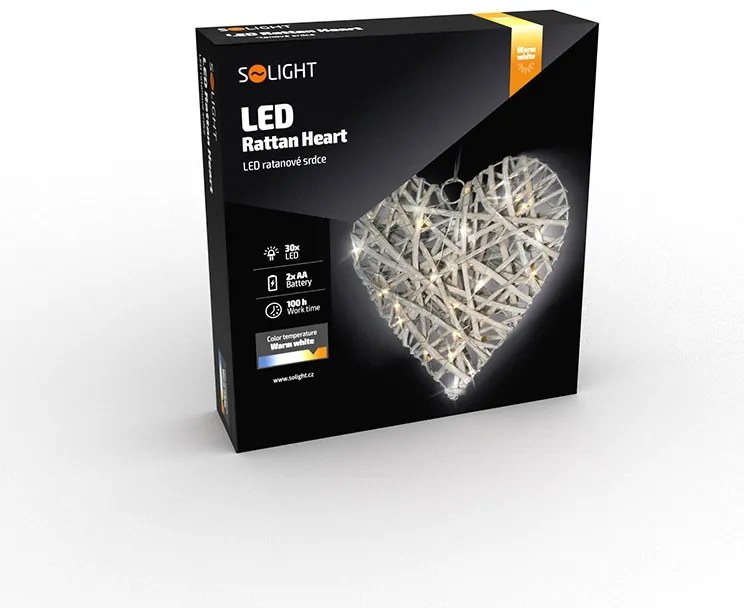 SOLIGHT LED ratanové srdce, 30x LED, 2x AA, 30cm