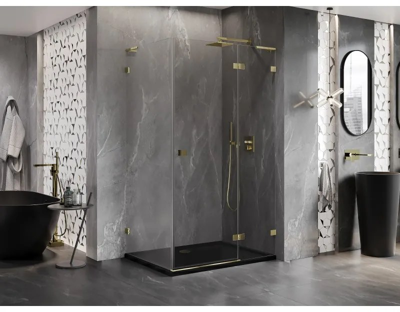 Mexen Lunar, L pravý výklopný sprchový kút 95 x 70 cm, 8mm číre sklo, zlatý profil, 834L-095-070-50-00-P