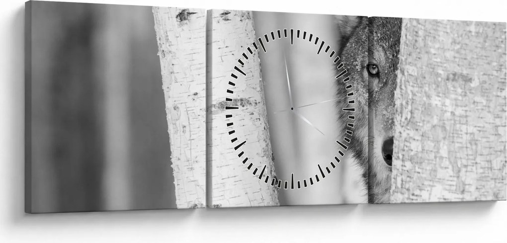 Obraz - Vlk v lese (s hodinami) (90x30 cm)
