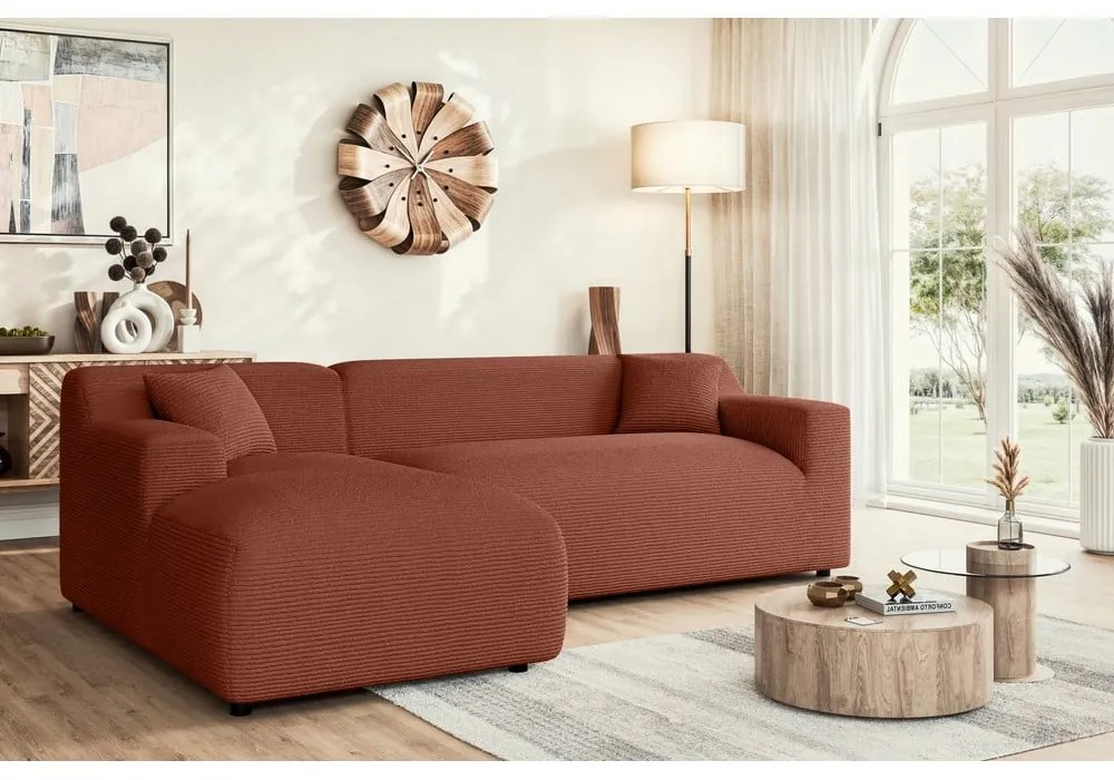 Menčestrová rohová pohovka v tehlovej farbe (ľavý roh/s leňoškou) Martin – Ropez