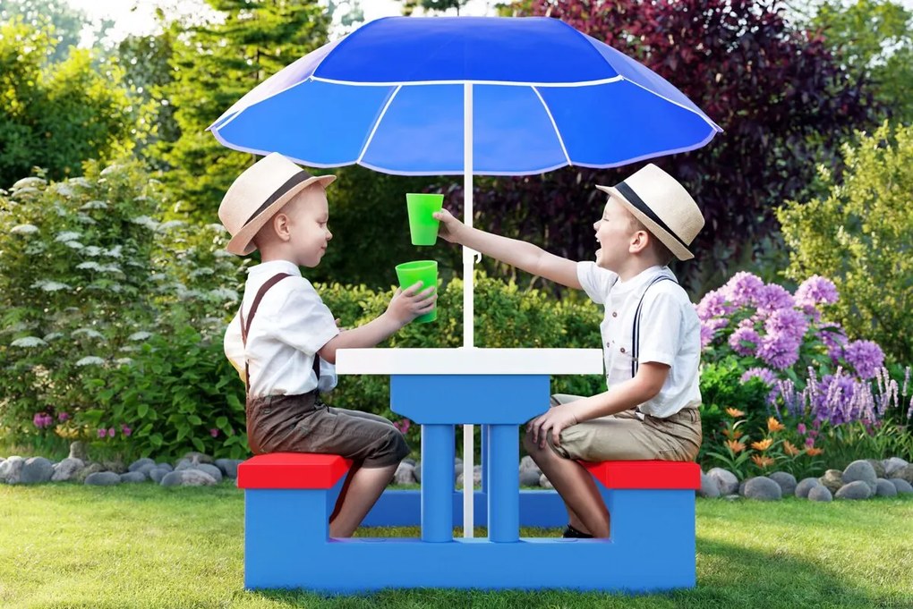 Spielwerk Detská sedacia zostava so slnečníkom JASMIN, 67x78,5x42,5cm, modrá/biela/červená