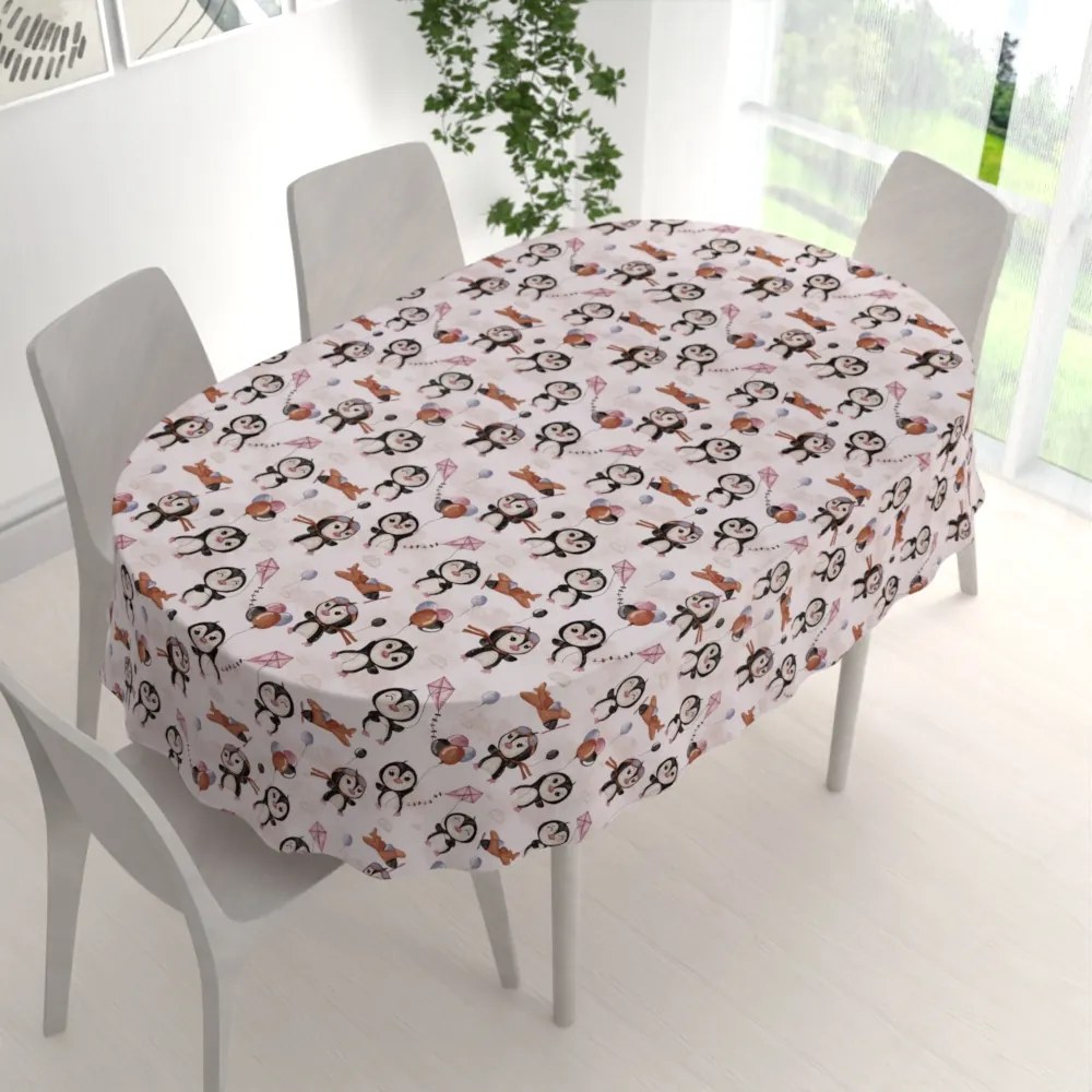 Biante Detský bavlnený oválny obrus Sandra SA-647 Tučniačiky s hnedými lietadielkami na bielom 120x180 cm