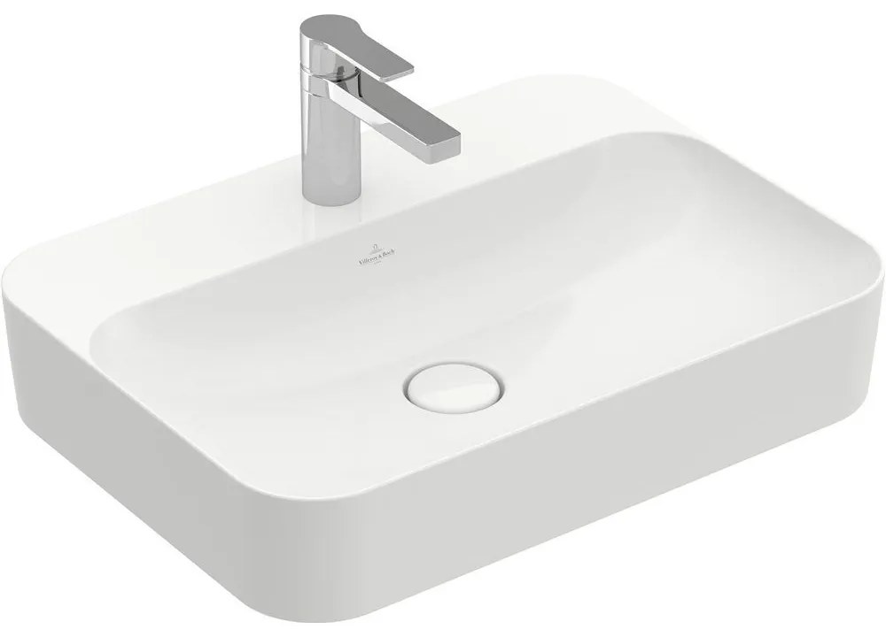 VILLEROY &amp; BOCH Finion obdĺžnikové umývadlo na dosku s otvorom, bez prepadu, 600 x 445 mm, biela alpská, s povrchom CeramicPlus, 414261R1