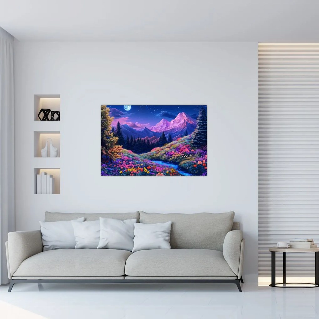 Obraz - Fialová krajina pri úplnku (90x60 cm)