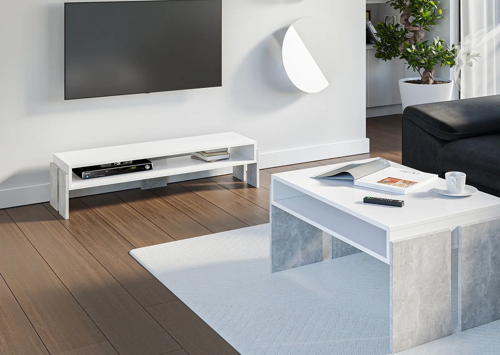 TV stolík Ramea (biela + kameň). Akcia -20%. Vlastná spoľahlivá doprava až k Vám domov. 1055245