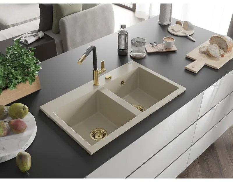 Mexen Hektor, 2-komorový granitový drez 800x480x205 mm, béžová, zlatý sifón, 6521802000-69-G