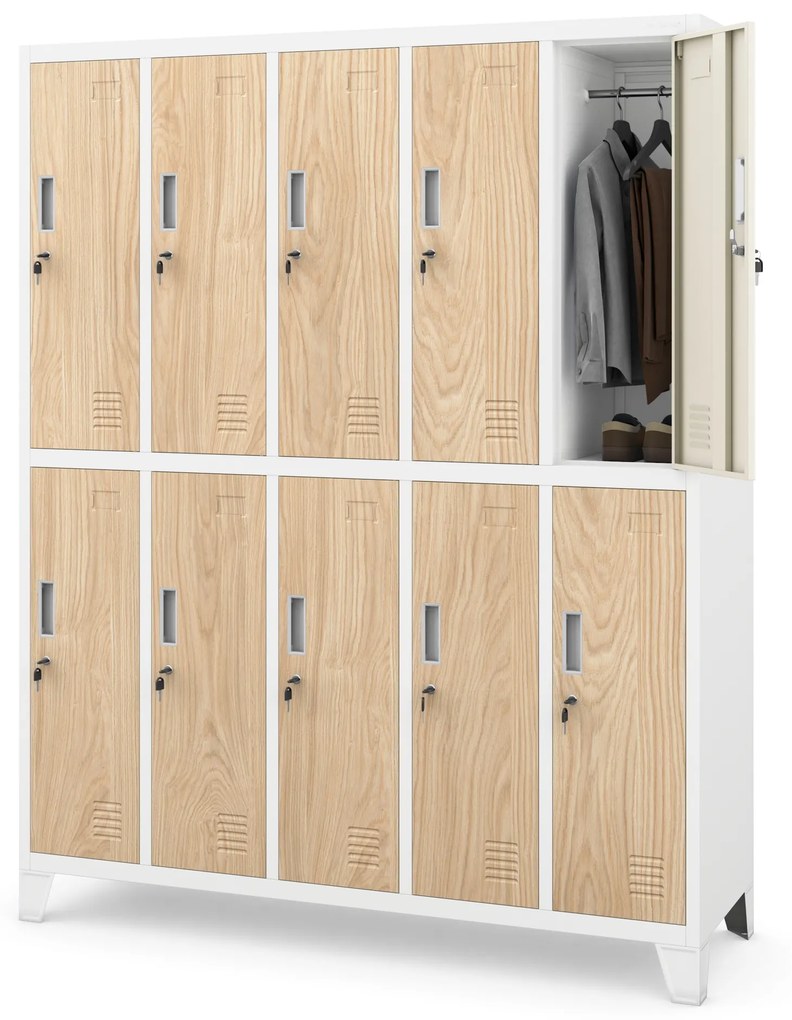 Kovová šatňová boxová skriňa na nôžkach s 10 boxami BARTEK, 1360 x 1720 x 450 mm, Eco Design: biela/ dub sonoma