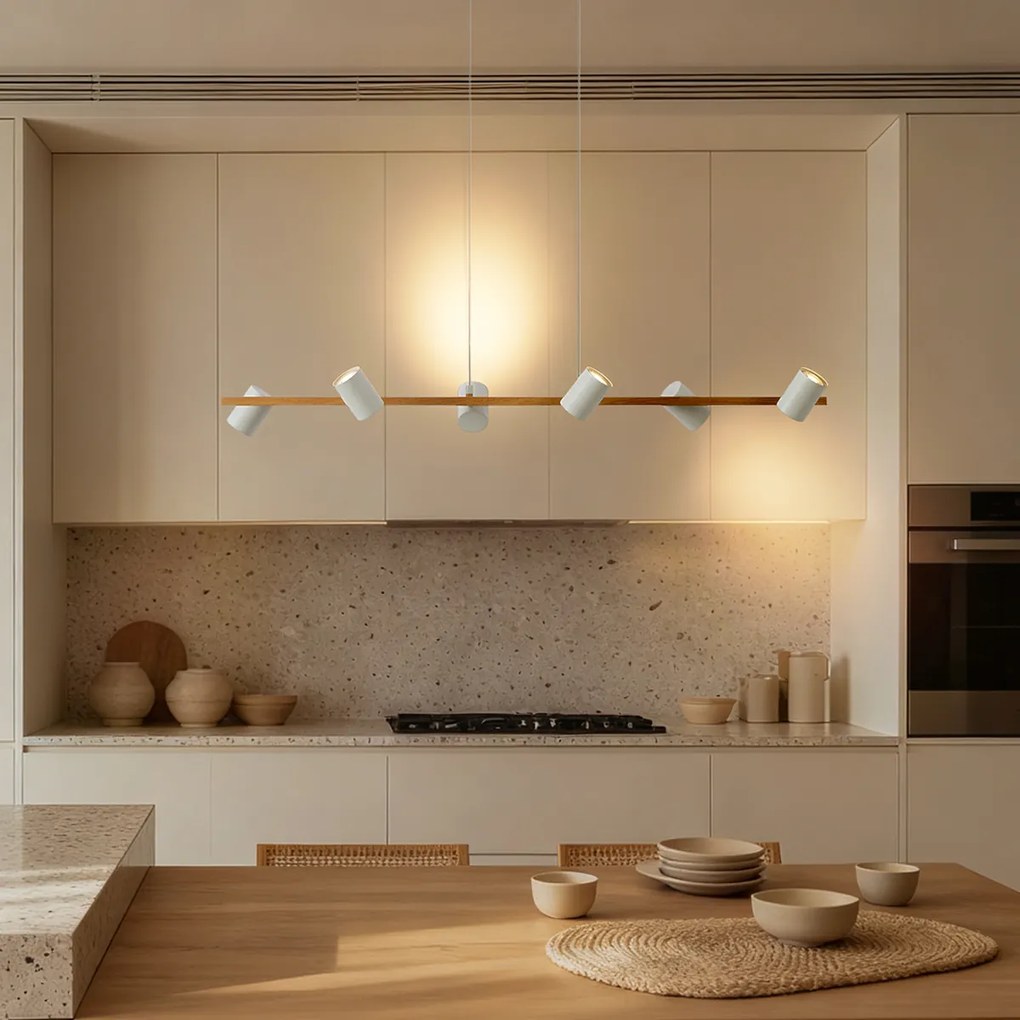 Inteligentné závesné svietidlo drevené s bielym obdĺžnikovým 6-svetlom vrátane Wifi GU10 - Jeana Straight