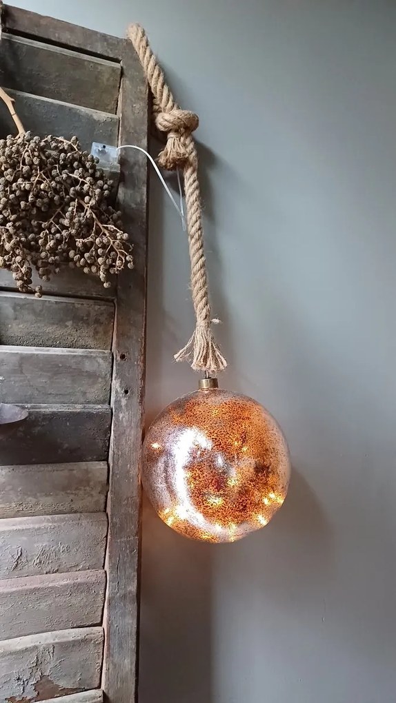 LED vianočná ozdoba s jutovým lanom, zlatá, priemer 12 cm