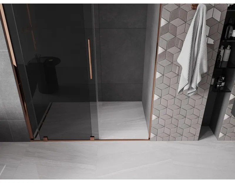 Mexen Velar, posuvné sprchové dvere do otvoru 130 cm, 8mm šedé sklo, ružové zlato, 871-130-000-41-60