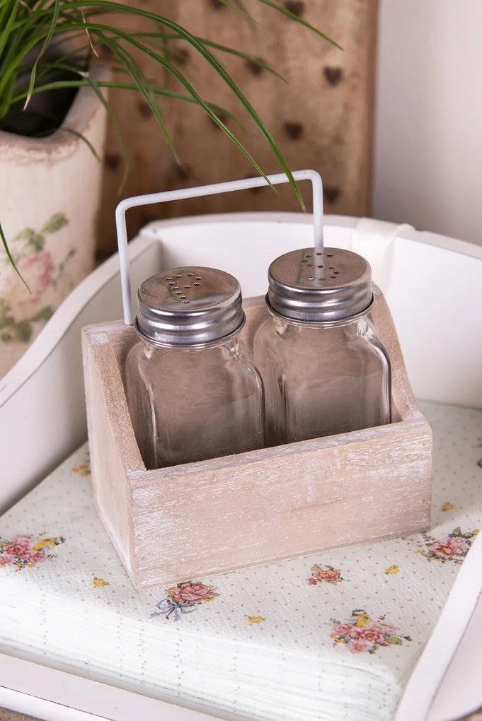 Sklenená soľnička a korenička v drevenom stojane - 11*6*12 cm