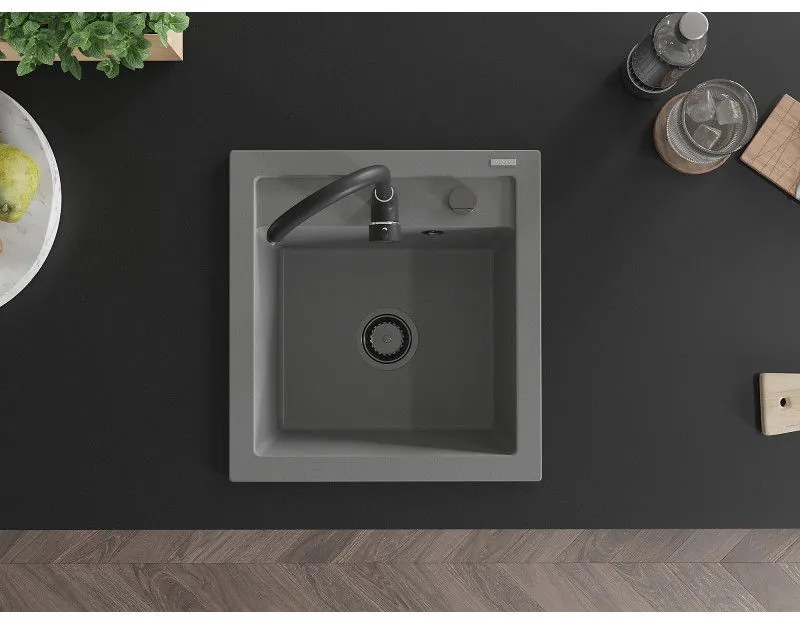 Mexen Vito, granitový drez 520x490x210 mm, 1-komorový, šedá s čiernym sifónom, 6503521000-71-B