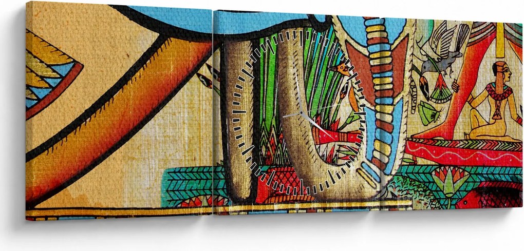 Obraz s egyptskými motívmi (s hodinami) (90x30 cm)