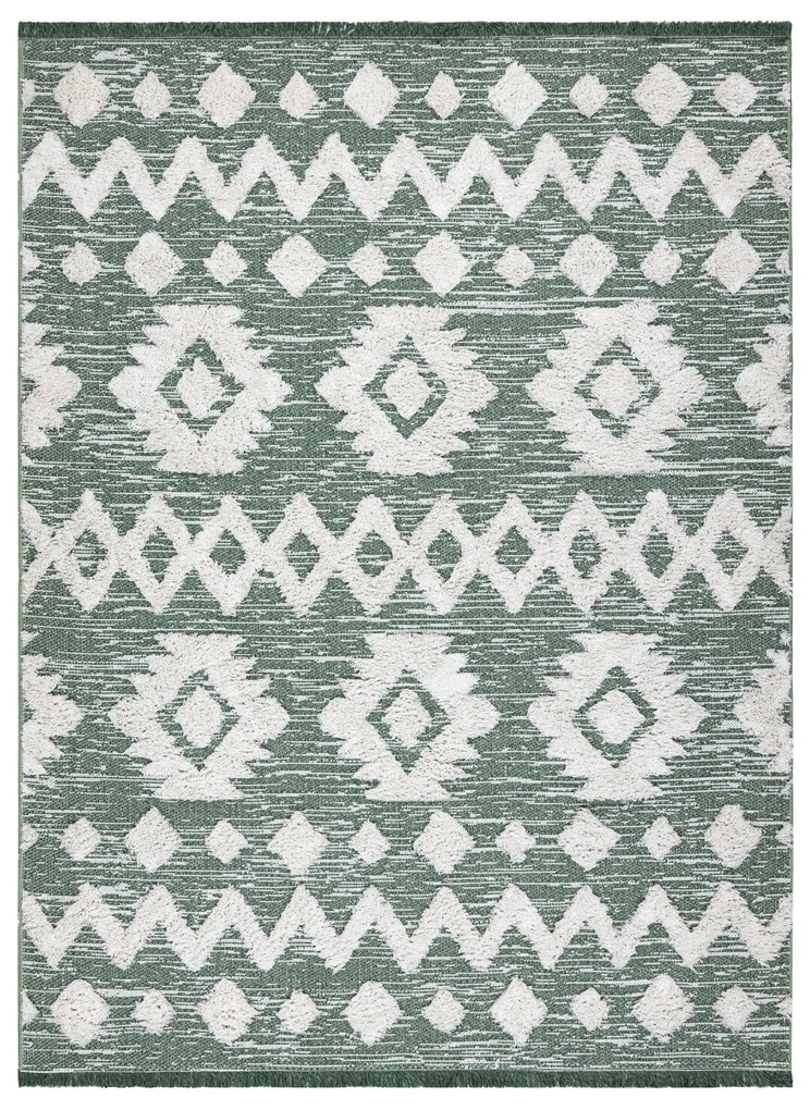 Ekologický koberec MOROC 22319 EKO SIZAL Cik - cak, z recyklovanej bavlny, strapce, zeleno - béžový