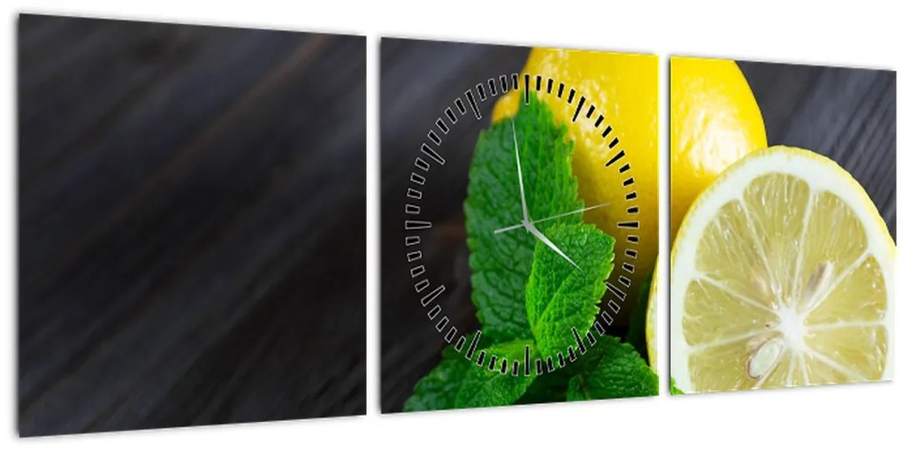 Obraz citrónov a mäty na stole (s hodinami) (90x30 cm)