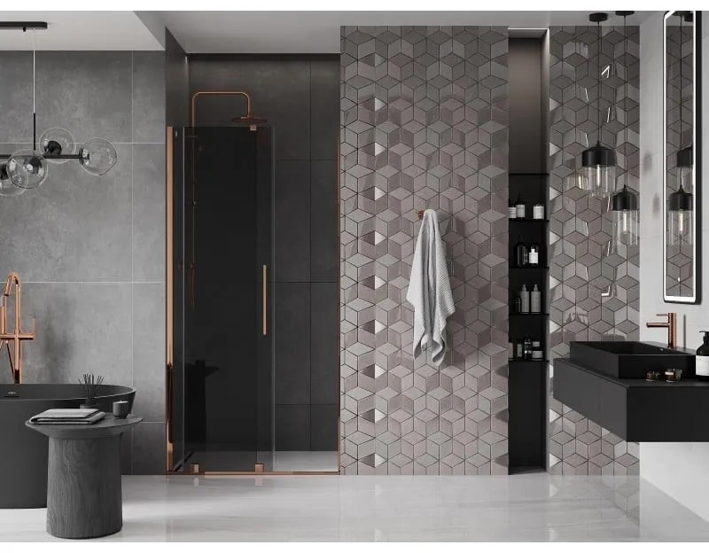 Mexen Velar, posuvné sprchové dvere do otvoru 100 cm, 8mm šedé sklo, ružové zlato, 871-100-000-41-60