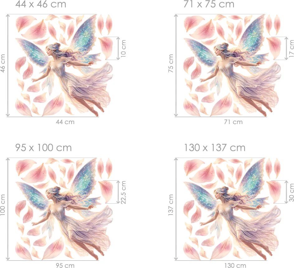 Kvetinové dievča víla textilní prelepiteľné nálepky na stenu hárok 44 x 46 cm