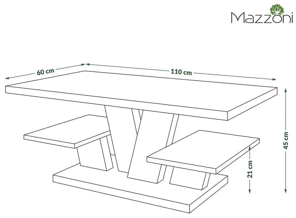 Mazzoni VIVA MAT Dub Zlatý/Čierny - moderný konferenčný stolík s policami
