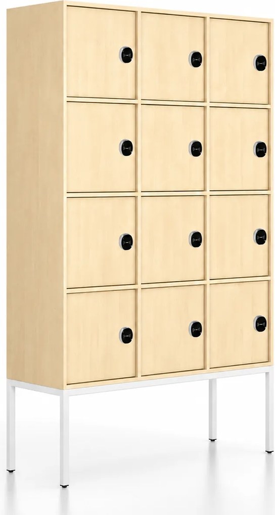 Kancelárska skriňa FRAME, biela podnož, 12x dvere, 1299 x 450 x 2185 mm, RFID zámok, breza