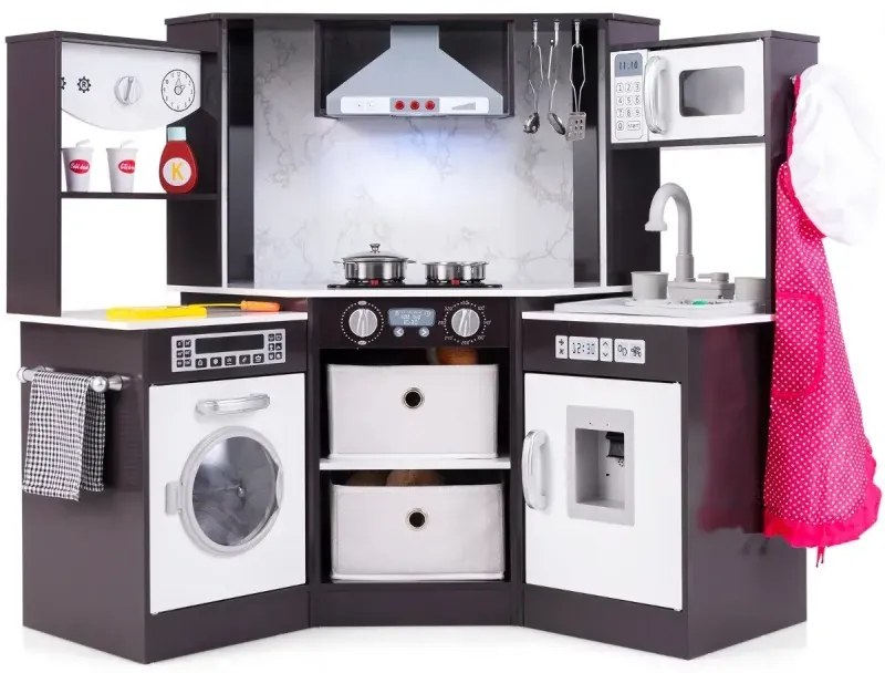 Drevená detská kuchynka so svetlom a zvukom a dávkovačom vody a práčkou a príslušenstvom Hravá kuchynka hnedá