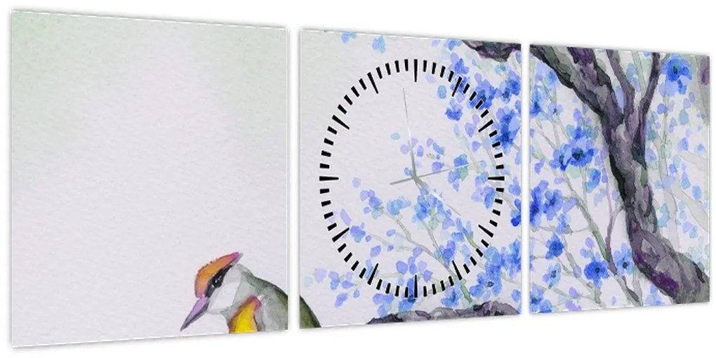 Obraz - Vtáčik na strome s modrými kvetmi (s hodinami) (90x30 cm)