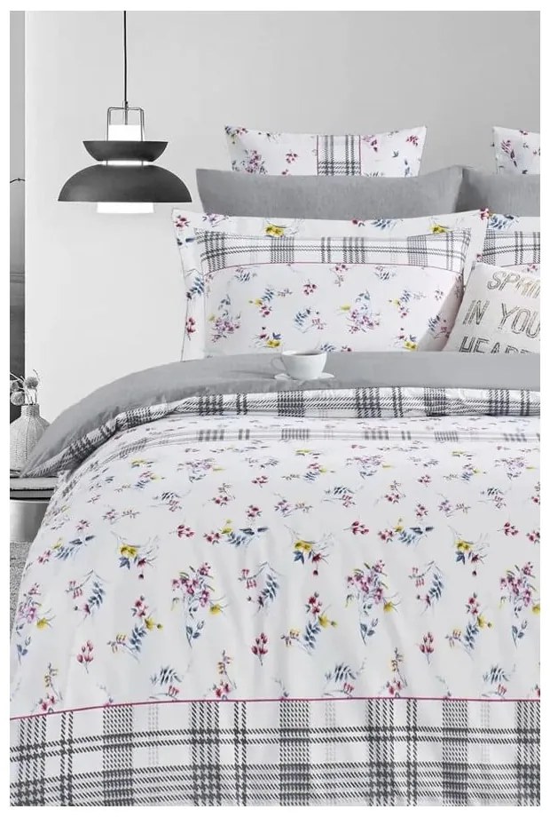 Bielo-sivé predĺžené obliečky na dvojlôžko z bavlny Renforcé s plachtou/4-dielne 200x220 cm – Mila Home