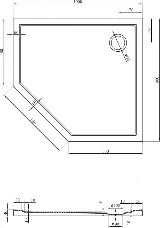 Mexen Flow Slim, pravostranná päťuholníková sprchová vanička slim 100 x 90 cm, biela lesklá, 46P109010R