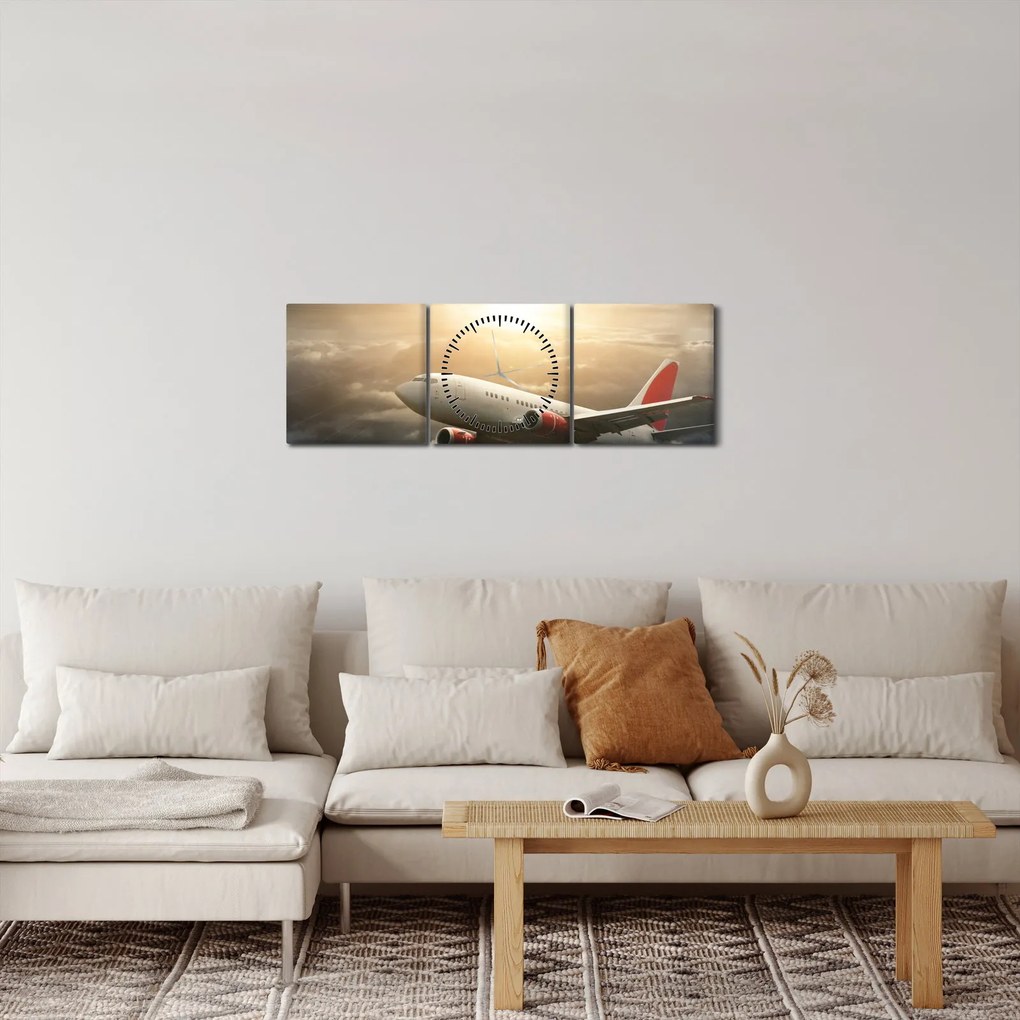Obraz - Lietadlo v oblakoch (s hodinami) (90x30 cm)