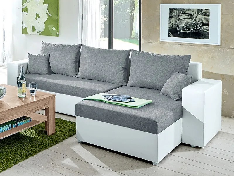 Rohová sedacia súprava Samba II, biela ekokoža/svetlo šedá látka