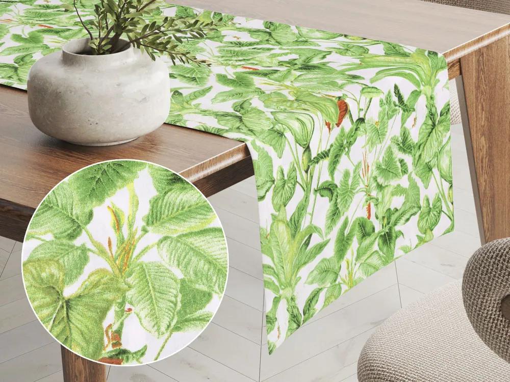 Biante Bavlnený behúň na stôl Sandra SA-297 Zelené izbové rastliny na bielom 20x160 cm