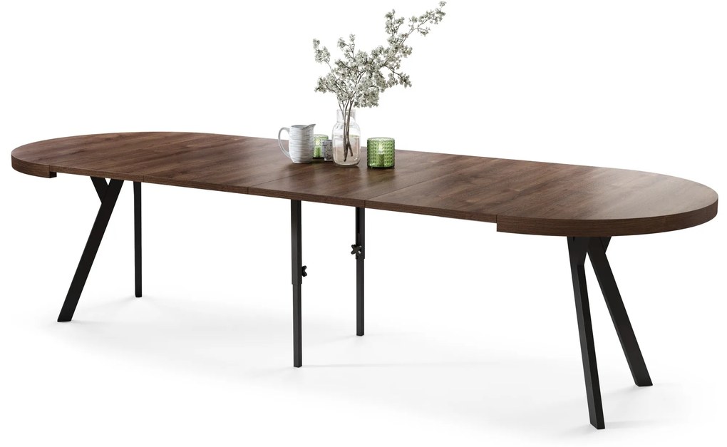 EXPANSO Dub Hnedý / čierne nohy - VEĽKÝ OKRÚHLY STÔL Ø110 ROZKLADACÍ AŽ DO 310 cm S NOHAMI Y LOFTOVÝ / INDUSTRIÁLNY