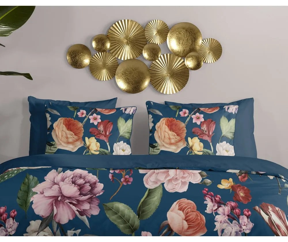 Tmavomodré obliečky na dvojlôžko/predĺžené z bavlneného saténu 200x220 cm Fiori – Descanso