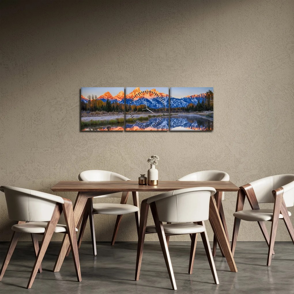 Obraz zasnežených horských štítov (s hodinami) (90x30 cm)