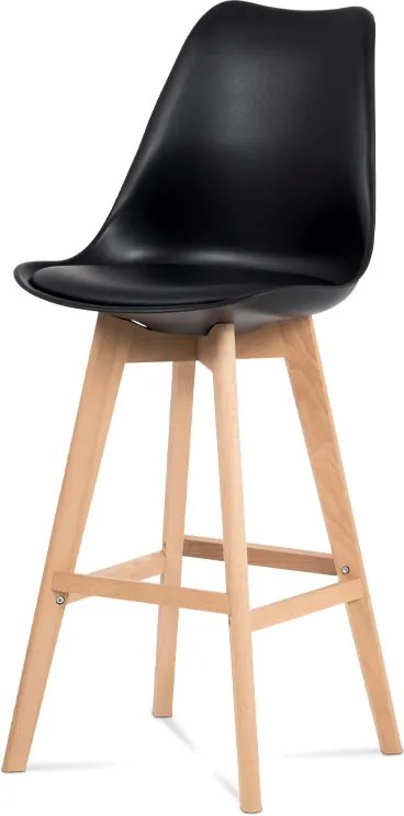 barová stolička plast, sedák čierna ekokoža/nohy masív prírodný buk