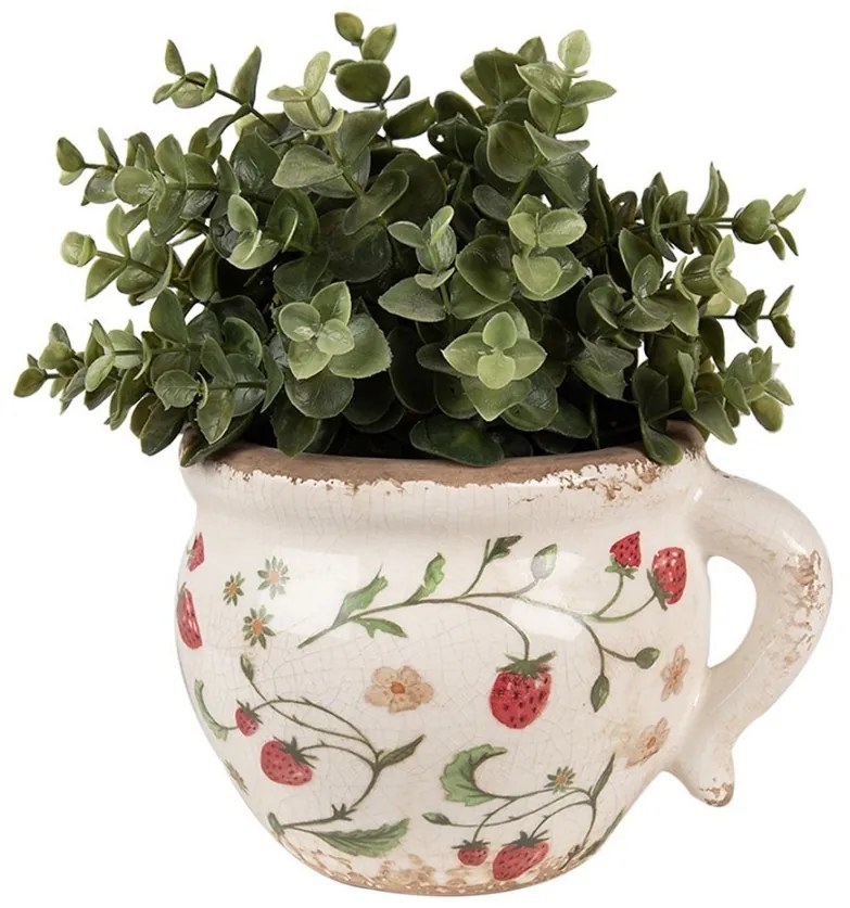 Béžový keramický obal na kvetináč s jahôdkami Wild Strawberries - 17*14*12 cm