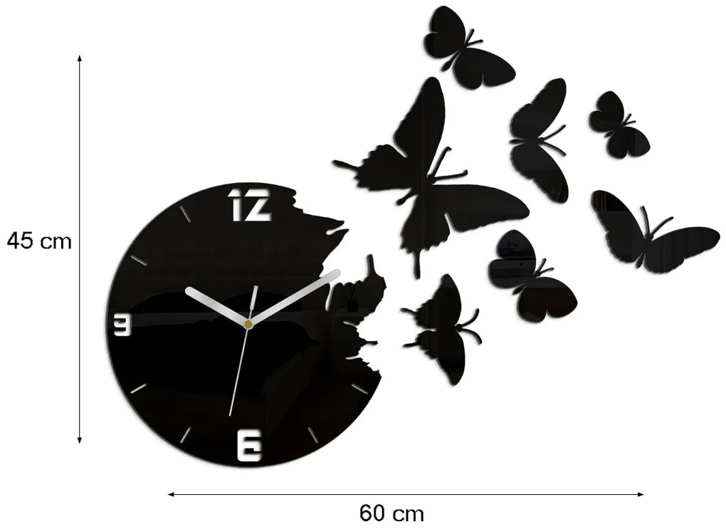 Nástenné samolepiace hodiny Motýľ 28 cm čierne