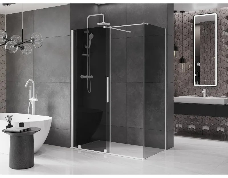 Mexen Velar, sprchový kút s posuvnými dverami 140 x 70 cm, 8mm šedé sklo, biela matná, 871-140-070-41-20