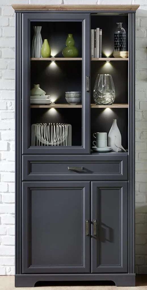 Široká vitrína Jasmin, grafit/dub, s osvetlením