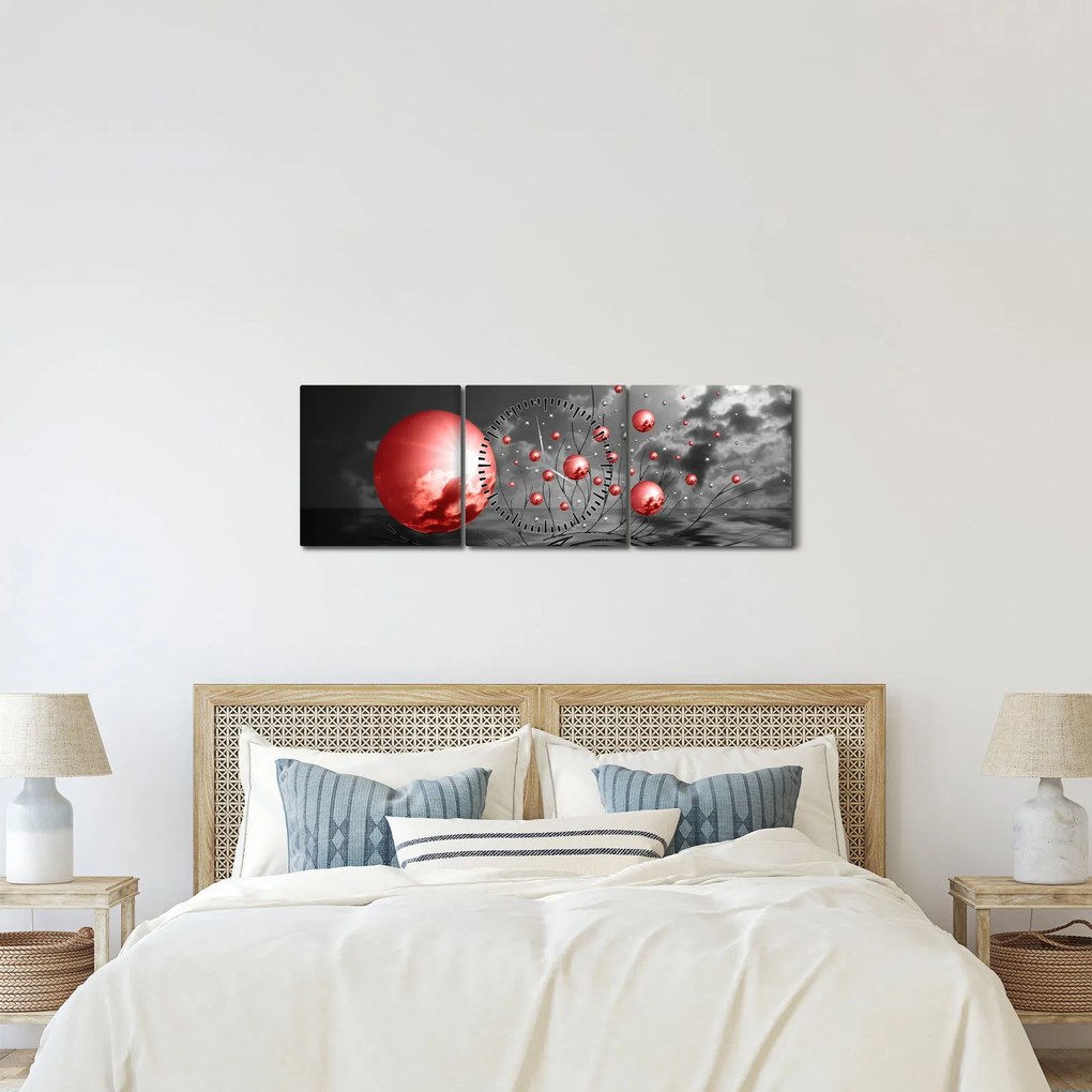 Obraz červených gulí (s hodinami) (90x30 cm)