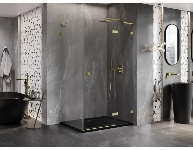 Mexen Lunar, L pravý výklopný sprchový kút 85 x 80 cm, 8mm číre sklo, zlatý kartáčovaný - 834L-085-080-55-00-P