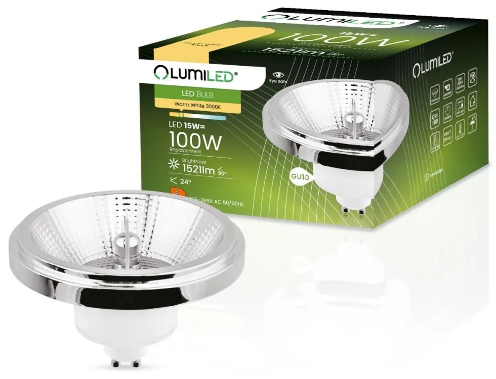 LED žiarovka GU10 ES111 15W = 100W 1521lm 3000K Warm 24° Silver LUMILED