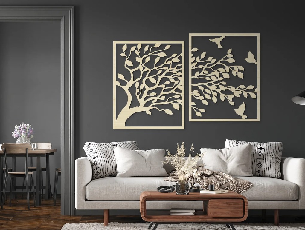 drevko Drevený obraz na stenu Strom a vtáčatá Rozmer obrazu: 44,5 x 68 cm, Farba dekorácie: Čierna